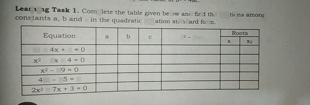 search-thumbnail-
Learning Task $1°$ Complete the table given below and find the relations among 
constants a, $b$ and c in the quadratic equation standard form. 
Roots 
Equation a $b$ $C$ $b2-4ac$ $x_{1}$ $x2$ 
$x^{2+4x+3}=0$ 
$x^{2-5x+4}=0$ 
$→$ 
$x^{2-49}=0$ 
$\dfrac {4x^{2-25}=0} {2x^{2+7x+3}=0}$ 