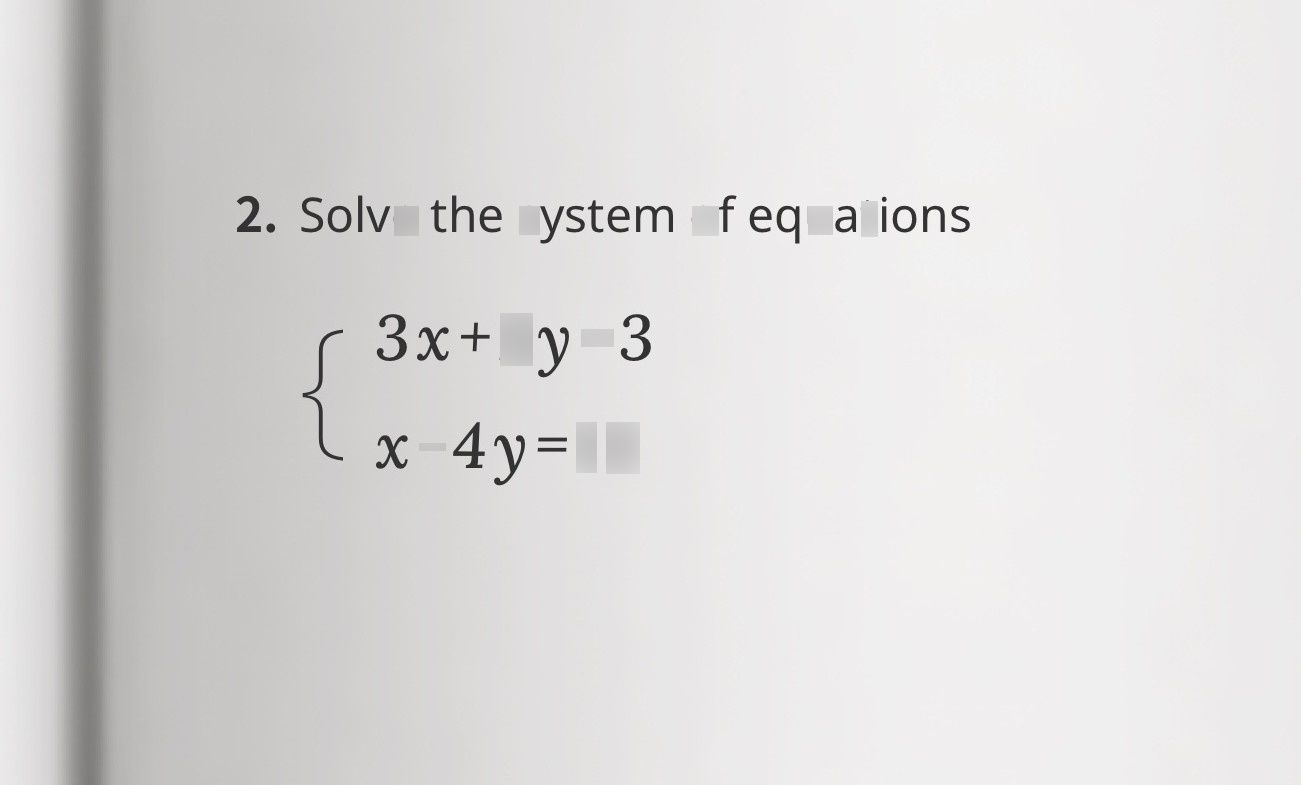 search-thumbnail-$2$ Solve the system of equations 
$ \begin{cases} 3x+2y=3 \\ x-4y=13 \end{cases} $ 
