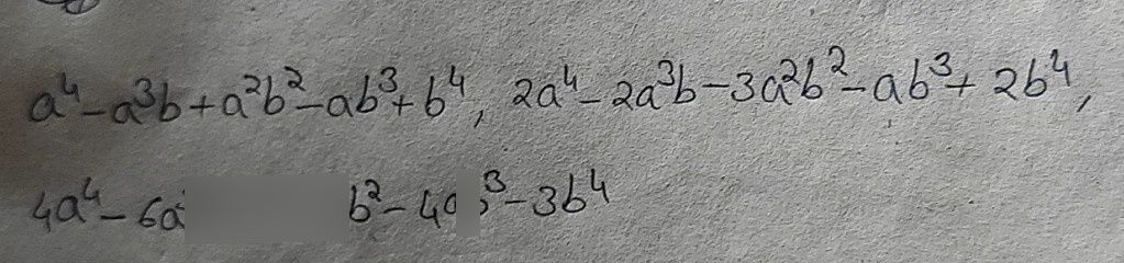 search-thumbnail-
$a^{2}-a^{3}b+a^{2}b^{2}-ab^{3}+b^{4}$ $2a^{4}-2a^{3}b-3a^{2}b^{2}-ab^{3}+2b^{4}$ 
$4a^{4}-6a^{3}b+5a^{2}b^{2}-4ab^{3}-3b4$ 
