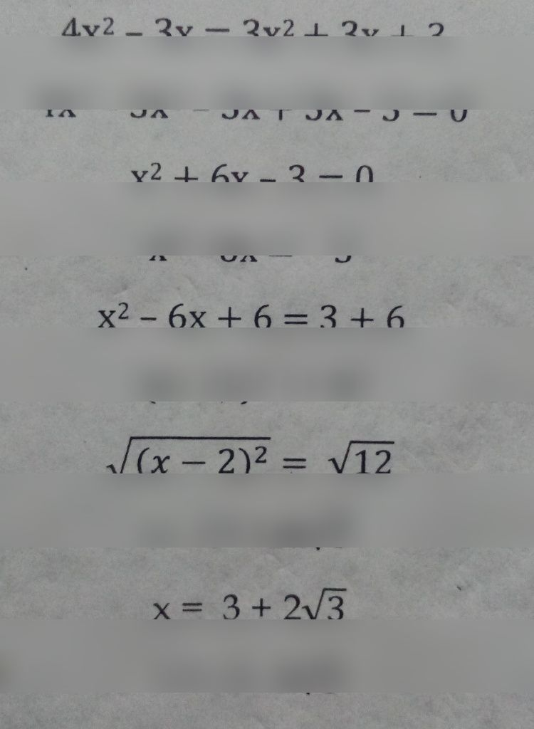 search-thumbnail-$4x^{2}-3x=3x^{2}+3x+3$ 
$4x^{2}-3x^{2}-3x+3x-3=0$ 
$x^{2}+6x-3=0$ 
$x^{2}-6x=-3$ 
$x^{2}-6x+6=3+6$ 
$\left(x-2\right)^{2}=12$ 
$\sqrt{\left(x-2\right)^{2}} =\sqrt{12} $ 
$x-3=±4\sqrt{3} $ 
$x=3+2\sqrt{3} $ 
$x=3-2\sqrt{3} $ 